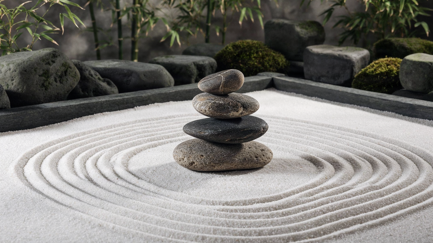 A serene image of a Zen garden with balanced stones and sand ripples.
