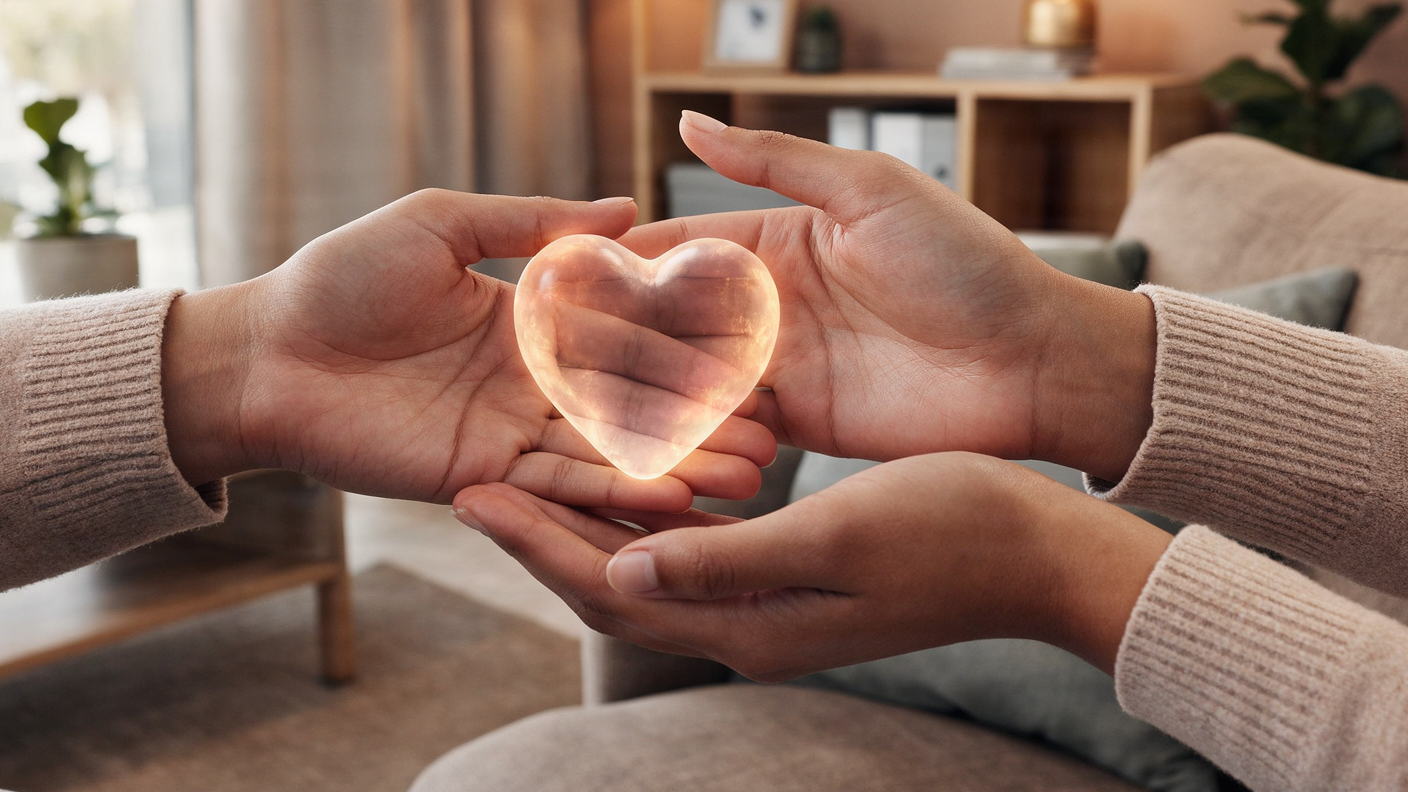 A symbolic image of two hands holding a glowing heart, representing support and care.