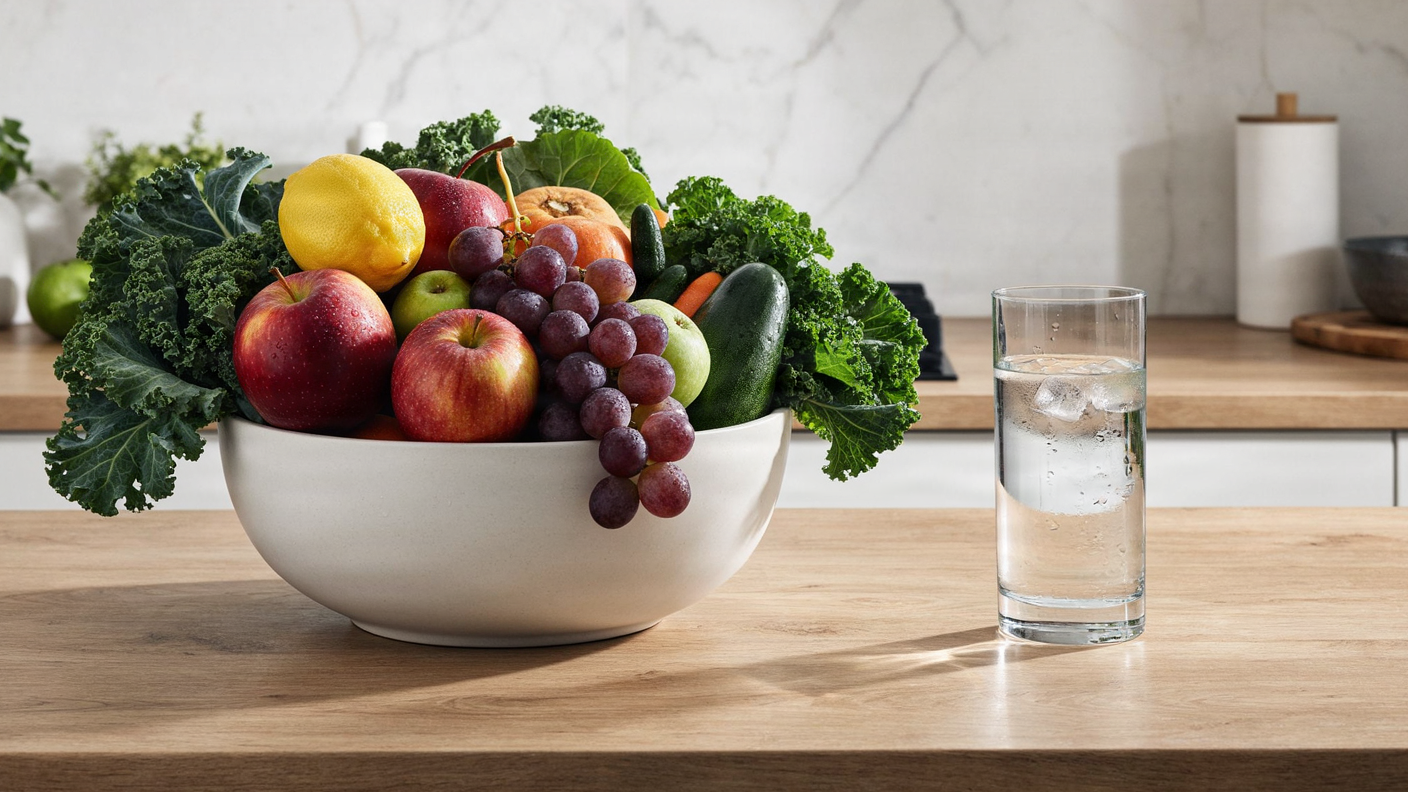 A vibrant bowl of fresh, colorful fruits and vegetables with a glass of water.